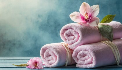 spa still life with pink towels and flowers - obrazy, fototapety, plakaty