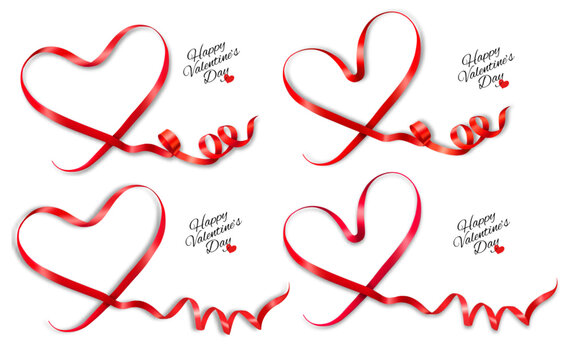 Set of gift cards with red ribbons shaped hearts. Valentine's day holiday card. Vector illustration.