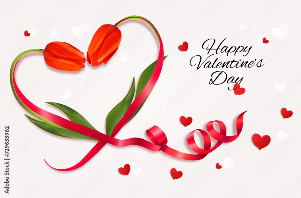 Aufkleber Happy Valentine's Day beautiful background with red tulips curved in the shape of a heart and a red heart-shaped ribbon. Vector.