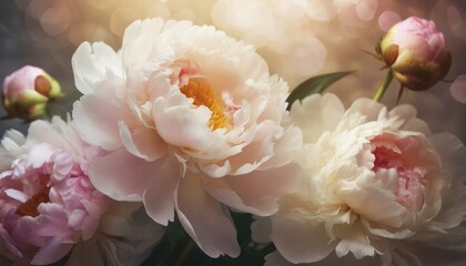 Floral background with fresh peony flowers in soft light