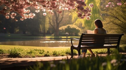 Serene afternoon reading session in a blossoming park with sunlight filtering through trees.