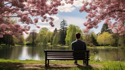 Tranquil spring scene with man on park bench by lake.