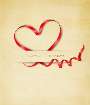 Holiday Vintage Valentine Day Background. Red ribbon the shape of a heart. Vector.
