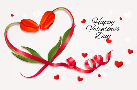 Happy Valentine's Day beautiful background with red tulips curved in the shape of a heart and a red heart-shaped ribbon. Vector.