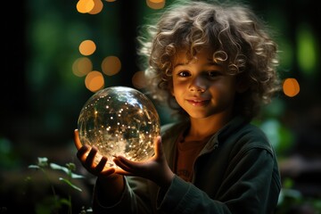 Naklejka premium diverse child holding a Christmas ball. Cute boy with curly hair holding a sphere with lights. Hope for the future concept.