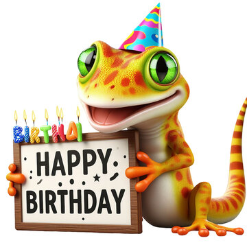 Cute Animal 3D Gecko Holding 'Happy Birthday' Board and Wearing Party Cap Cartoon: Isolated on Transparent Background - Clipart PNG Sticker Design