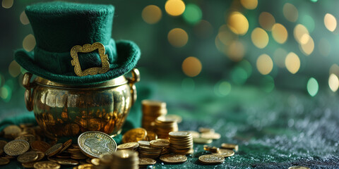 Iconic pot and leprechaun hat nestled among glittering gold coins, evoking Irish heritage and the essence of luck for St. Patrick's Day
