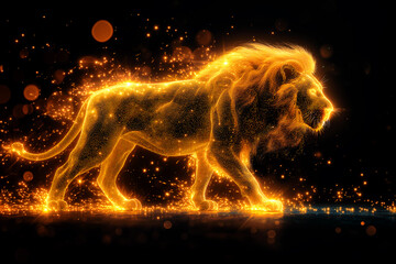 A sparkling fiery golden silhouette of a lion on a black background. The symbol of the zodiac sign is leo. Ai generative..