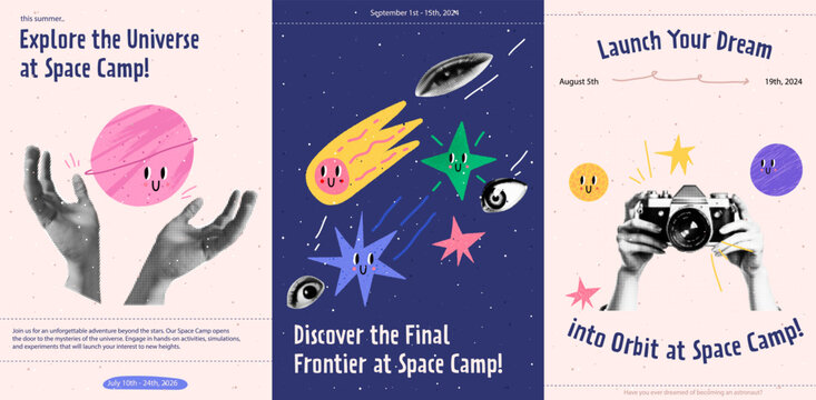 Fantasy doodle invitation with colorful space and collage elements. Flyer set. Trendy graphic template. Vector contremporary mixmedia illustrations with planets and stars.