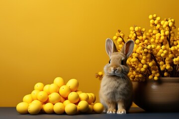 easter minimal yellow background with bunny rabbit, painted eggs and blooming spring flowers copy space left