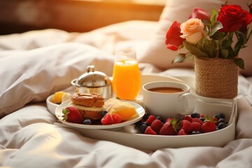 romantic breakfast in bed in luxury hotel bedroom with coffee, flowers and strawberries and beautiful morning light. Valentines day surprise premium  lifestyle. - obrazy, fototapety, plakaty