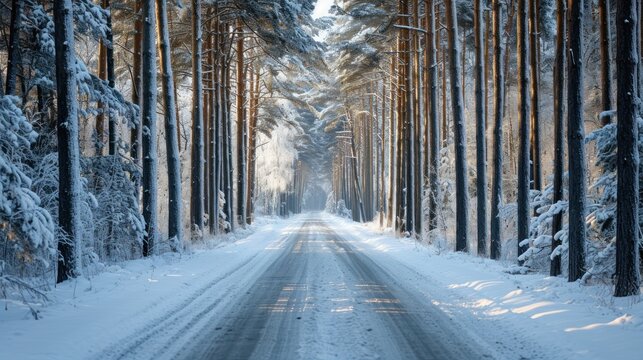  a snow covered road in the middle of a forest with lots of trees on both sides of the road and snow on the ground on both sides of the road.