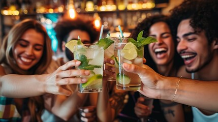 
Group of people celebrating toasting with cocktails - cropped detail with focus on hands - lifestyle concept of people, drinks and alcohol - obrazy, fototapety, plakaty