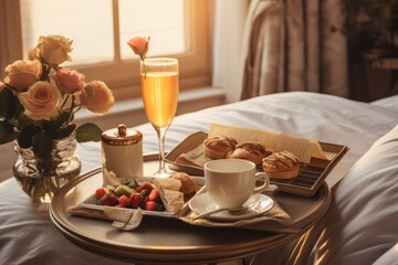 romantic breakfast in bed in luxury hotel bedroom with roses, coffee, champagne and orange juice and beautiful morning light. Valentines day surprise premium  lifestyle. - obrazy, fototapety, plakaty