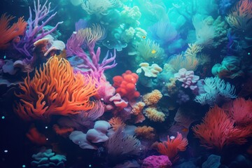 Fototapeta na wymiar beautiful colorful red, orange and blue coral anemone reef underwater horizontal background. Marine wildlife. Snorkeling and diving hobby.