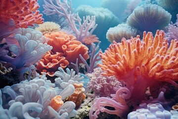 Naklejka na ściany i meble beautiful colorful red, orange and blue coral anemone reef underwater horizontal background. Marine wildlife. Snorkeling and diving hobby.