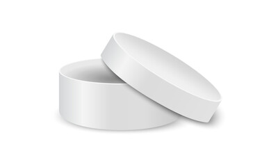 Round cardboard box with ajar lid. Package for gift, hat, sweets, cookies, cosmetics, medicines. Open white cylindrical tin isolated on white background. Vector realistic illustration.