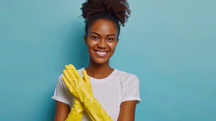 Indoor shot of dark-skinned housemaid with exciting smile, wearing protected gloves and white T-shirt, poses over blue background - obrazy, fototapety, plakaty