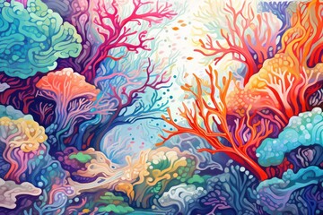 beautiful colorful red, orange and blue coral anemone reef underwater horizontal background. Marine wildlife. Snorkeling and diving hobby.