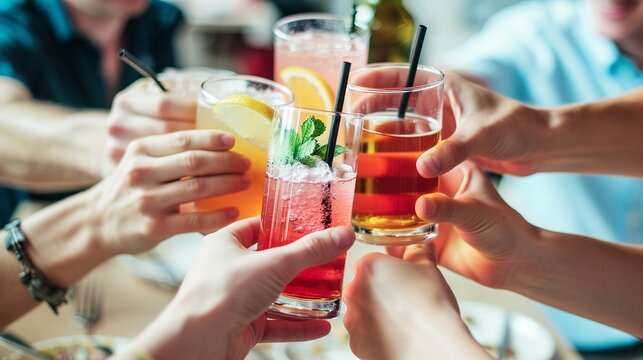 
Group of people celebrating toasting with cocktails - cropped detail with focus on hands - lifestyle concept of people, drinks and alcohol