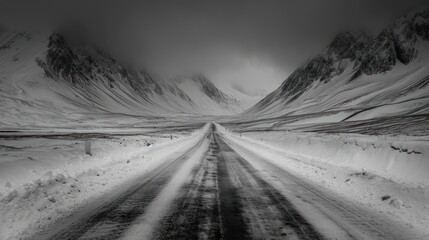  a black and white photo of a road in the middle of a mountain range with snow on the sides of the road and a mountain in the distance is a cloudy sky.