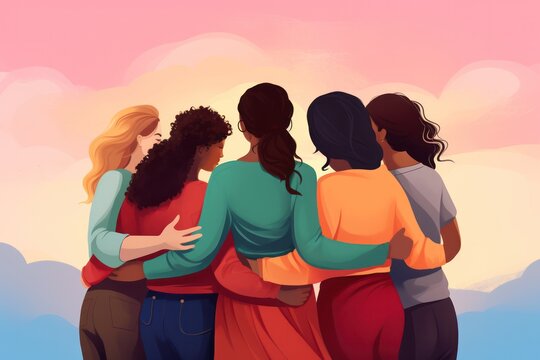 five diverse women together hugging each other at sunset  and supporting each other. Girl power. Female empowerment. 8 march international Women day holiday poster.
