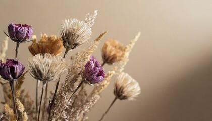 Minimalistic composition of dried flowers on blurred beige background with copy space