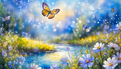 Fairy river with butterfly in blue sky 