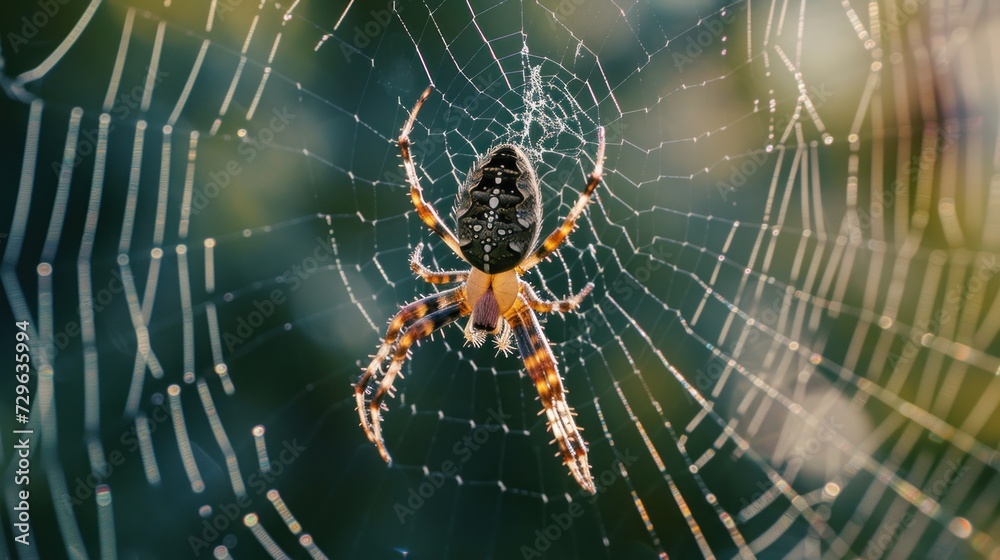 Wall mural a close up of a spider on it's web with drops of water on it's back and a blurry background of trees