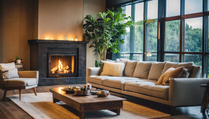 Cozy living room features inviting sofas, a flickering fireplace, and ambient lighting. As night approaches, the space turns into a peaceful haven, fostering a sense of comfort and homeliness. - obrazy, fototapety, plakaty