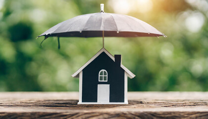 home insurance and protection, featuring a family house secured under an umbrella, symbolizing safety and security against potential risks and damages