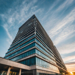 Fototapeta na wymiar Modern corporate office building captured from a low angle during a vibrant sunset, symbolizing business success, growth, and future development.
