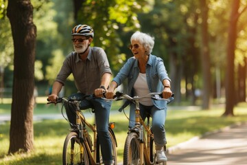 Active senior couple Biking together in park Enjoying lifestyle