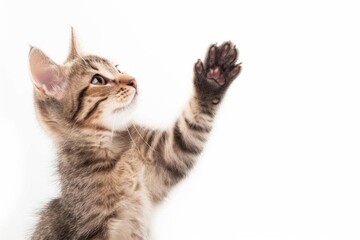 Adorable cat engaging in a playful high five Isolated on a white background Perfect for pet-themed content and cheerful expressions