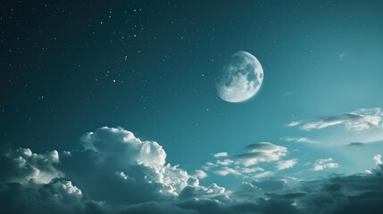  a blue sky with clouds and a half moon in the middle of the night sky with stars and the moon in the middle of the middle of the night sky.