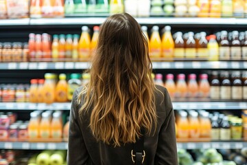 Back view of a young woman contemplating a selection of juice bottles in a grocery store Symbolizing informed consumer choices
