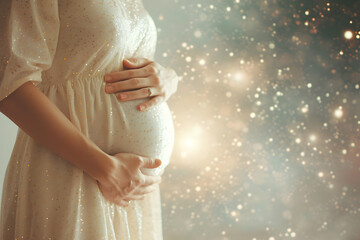 Pregnant woman holding her belly with space and universe in the background, representing the concept of mother's day and happy motherhood. - obrazy, fototapety, plakaty