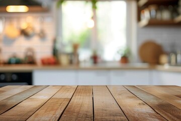 Blurred kitchen background with a wooden table in the foreground Creating a homely and inviting atmosphere