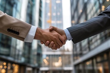 Business agreement Handshake Close up City building Office - obrazy, fototapety, plakaty