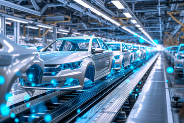 vehicles are lined in an assembly line in a factory