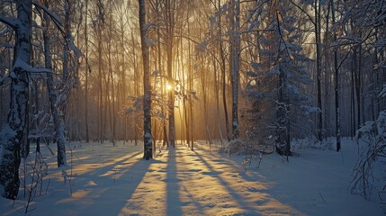  the sun shines through the trees in a snowy forest with snow on the ground and on the ground, the sun is shining through the trees in the distance.
