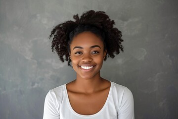 Cheerful young african american woman Relaxed posture Genuine smile - obrazy, fototapety, plakaty