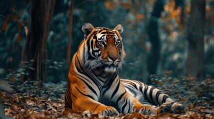  a tiger sitting in the middle of a forest with leaves on the ground and on the ground, it's head turned to the side and it's right. - obrazy, fototapety, plakaty