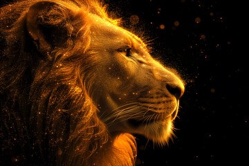 A sparkling golden silhouette of a lion on a black background. The symbol of the zodiac sign is leo. Ai generative..