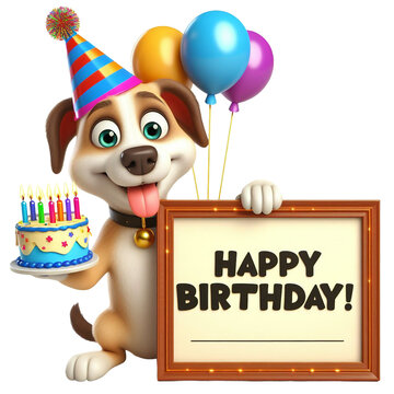Cute Animal 3D Dog Holding 'Happy Birthday' Board and Wearing Party Cap Cartoon: Isolated on Transparent Background - Clipart PNG Sticker Design	