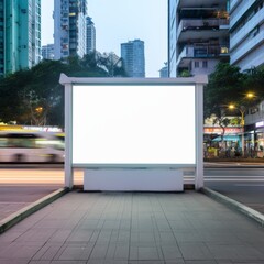 Empty billboard on a busy city street at dusk, suitable for advertising and commercial use