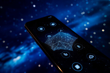 smartphone displayed over night sky with some icons