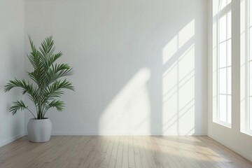 Fototapeta na wymiar Empty white room Wooden floor Potted plant Minimalist