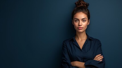 Portrait of beautiful female worker posing for camera, confident person isolated on dark blue background.