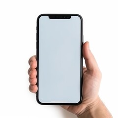 Hand holding a modern smartphone with blank screen for mockup